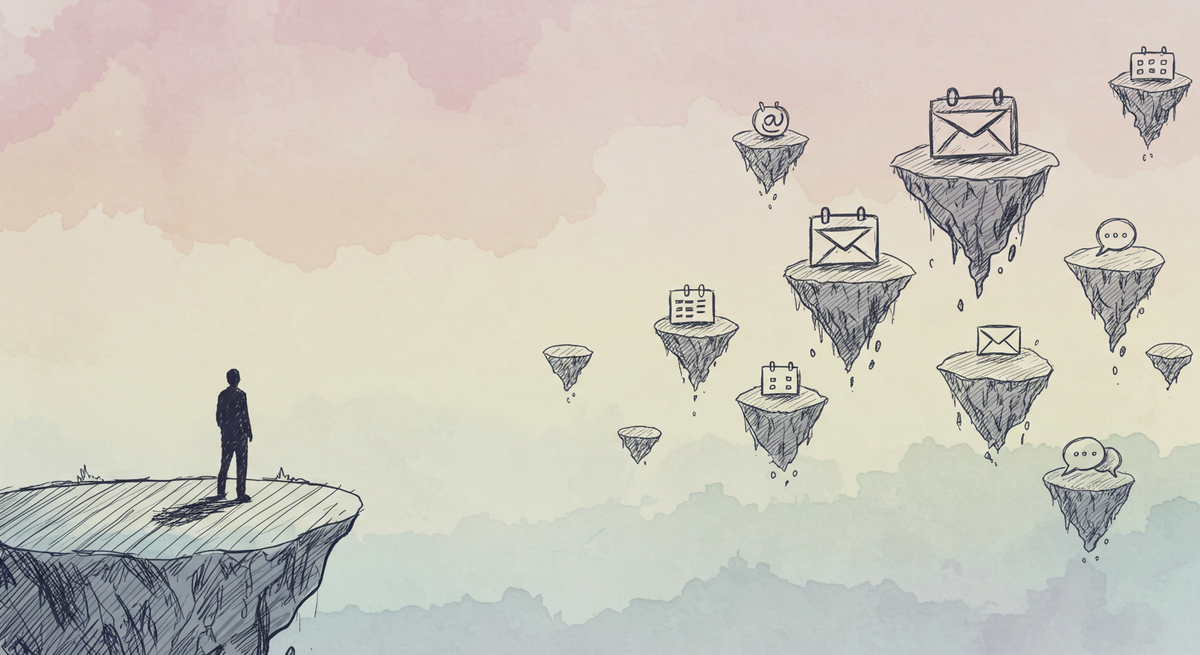 Human figure on isolated island, other islands with icons (calendar, email, chat).