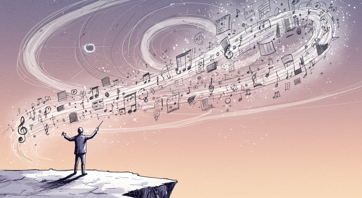 A lone conductor stands on the edge of a cliff, arms outstretched, directing a dynamic, swirling flow of hand-drawn musical notes against a pastel sky.