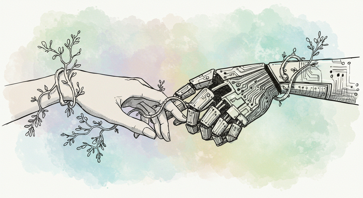 A conceptual pen-and-ink drawing of a human hand and a robotic hand gently connecting. Vines with leaves are intertwined around both arms, set against a soft watercolor background.