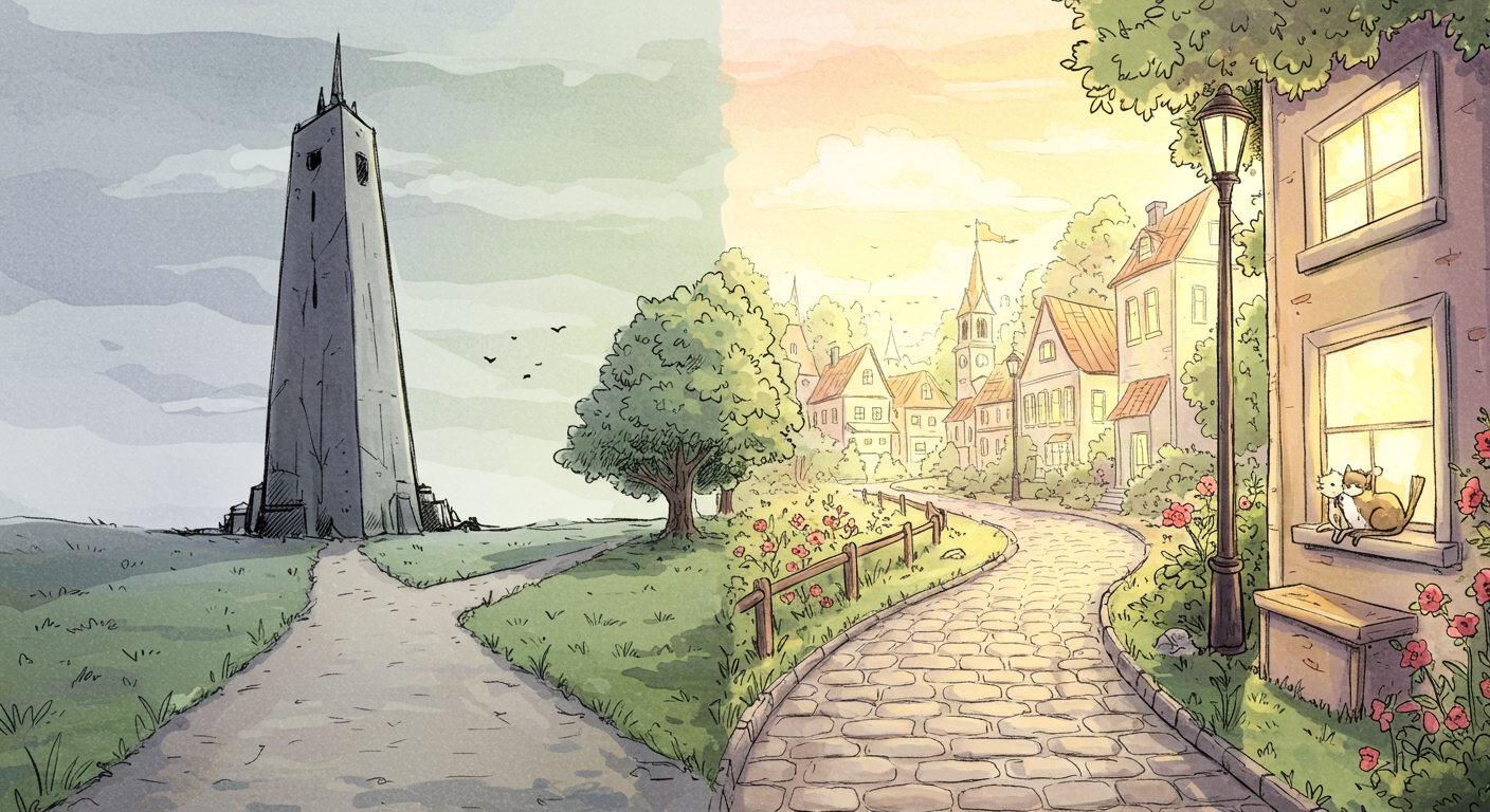 Conceptual drawing: stark tower on left path, vibrant village on right, forked road.